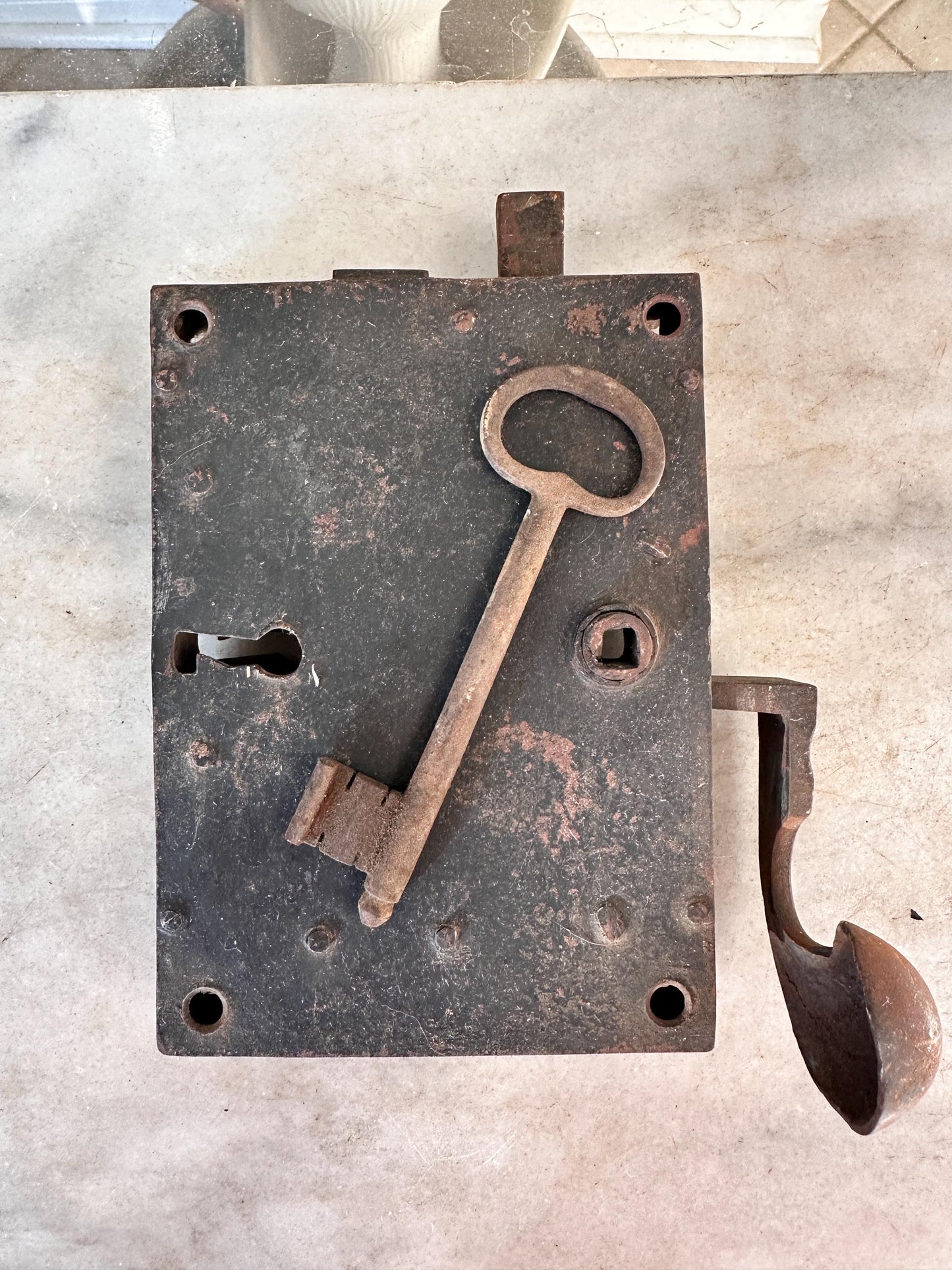 Antique Iron Rim Lock Set with Porcelain Knobs and Skeleton Key