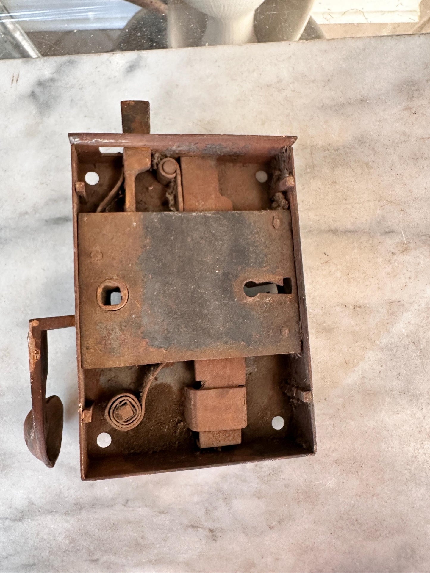 Antique Iron Rim Lock Set with Porcelain Knobs and Skeleton Key