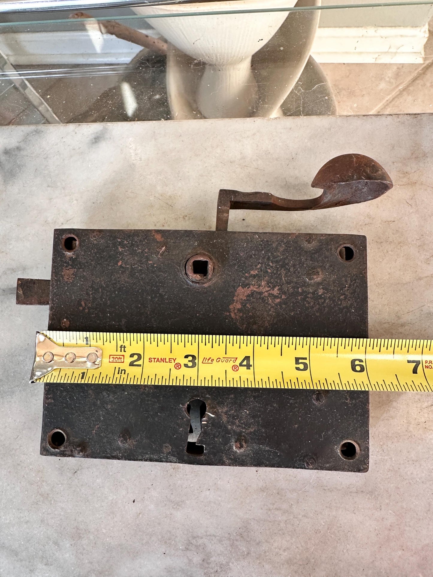 Antique Iron Rim Lock Set with Porcelain Knobs and Skeleton Key