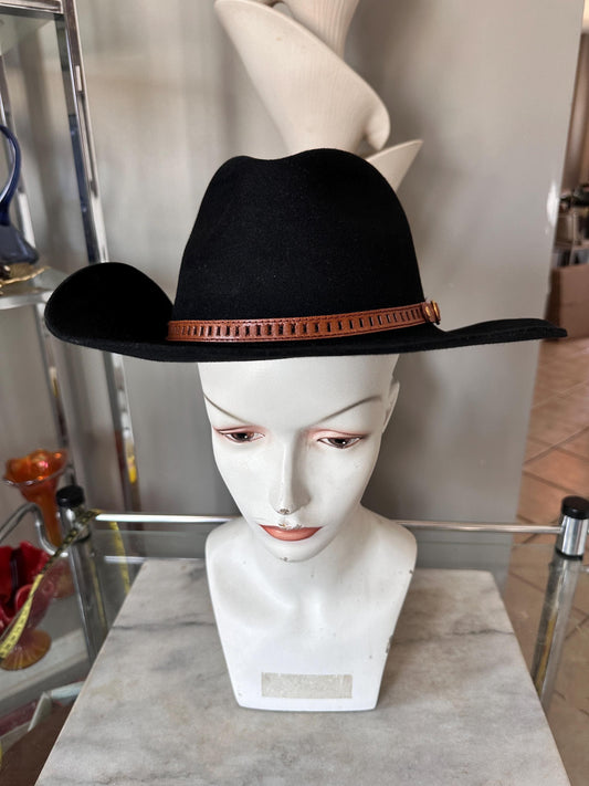 Vintage B.C. Hats Australia Black Fur Felt Outback Fedora, Leather Band