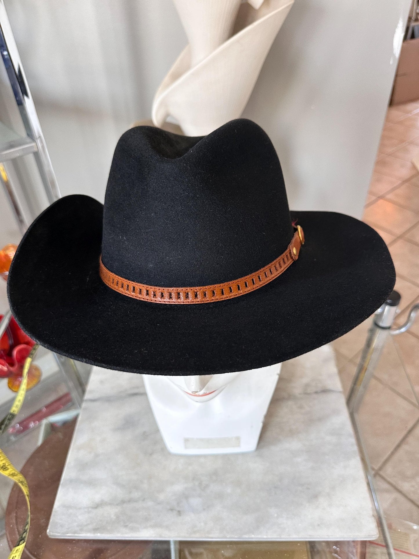 Vintage B.C. Hats Australia Black Fur Felt Outback Fedora, Leather Band