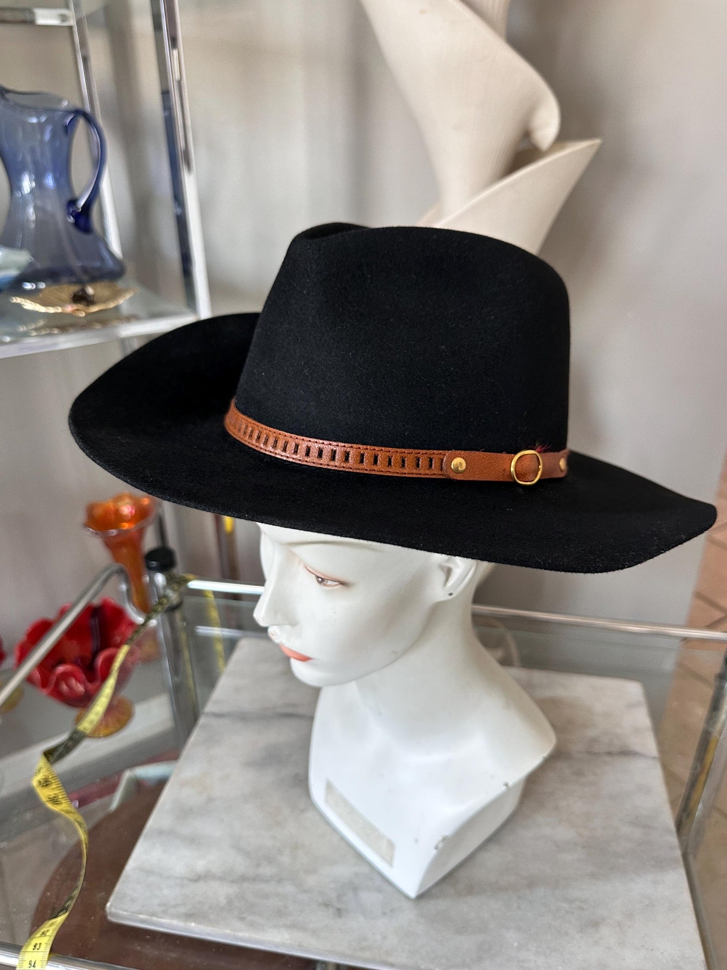 Vintage B.C. Hats Australia Black Fur Felt Outback Fedora, Leather Band