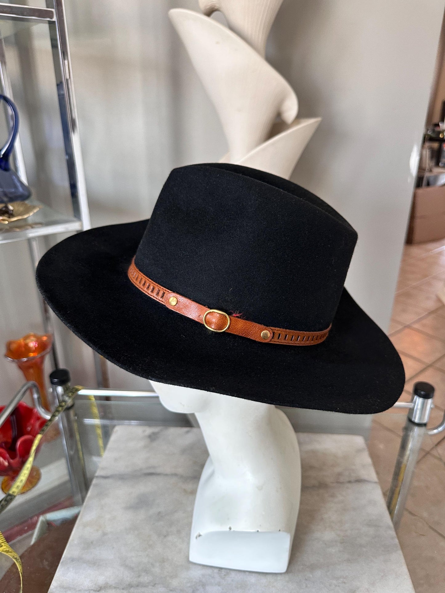 Vintage B.C. Hats Australia Black Fur Felt Outback Fedora, Leather Band