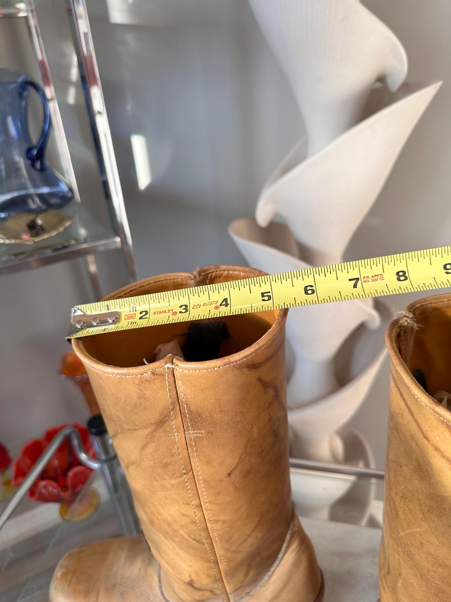 Vintage Wild Country Tan Leather Campus Boots – Wooden Stacked Heel 1970s - Women's 11D