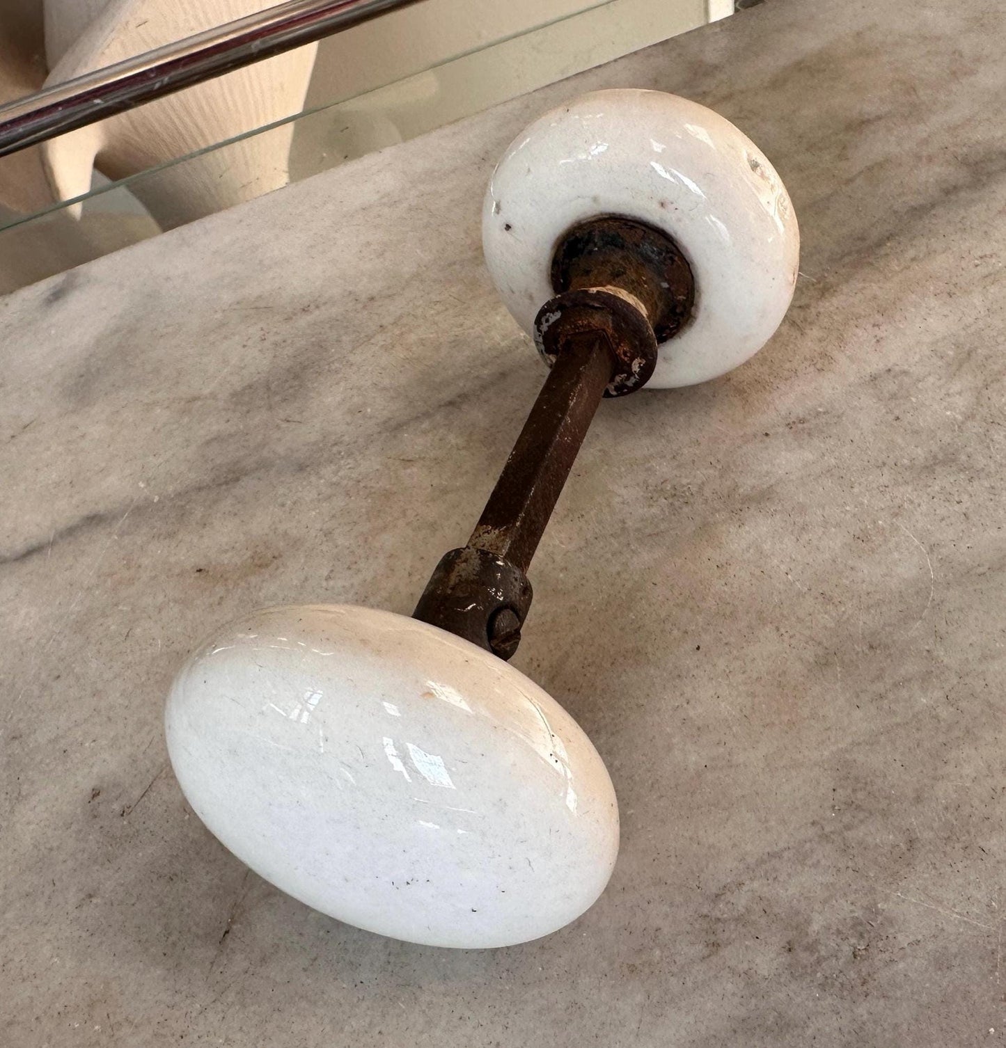 Antique Iron Rim Lock Set with Porcelain Knobs and Skeleton Key