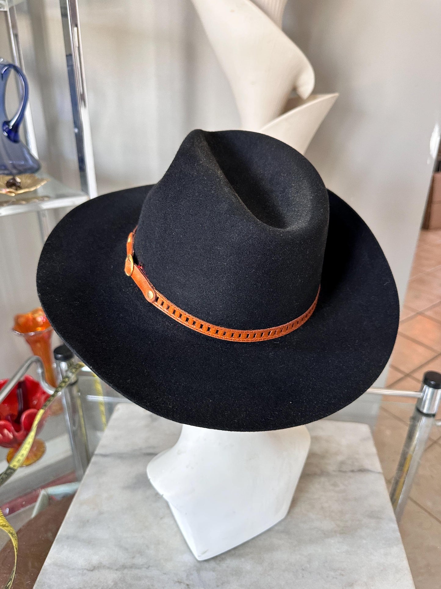 Vintage B.C. Hats Australia Black Fur Felt Outback Fedora, Leather Band
