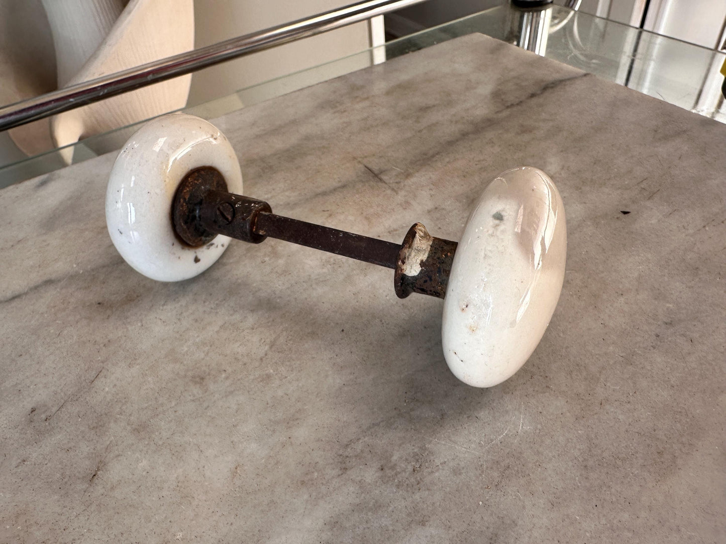 Antique Iron Rim Lock Set with Porcelain Knobs and Skeleton Key