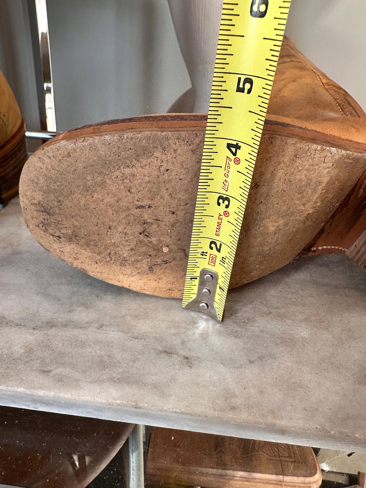 Vintage Wild Country Tan Leather Campus Boots – Wooden Stacked Heel 1970s - Women's 11D