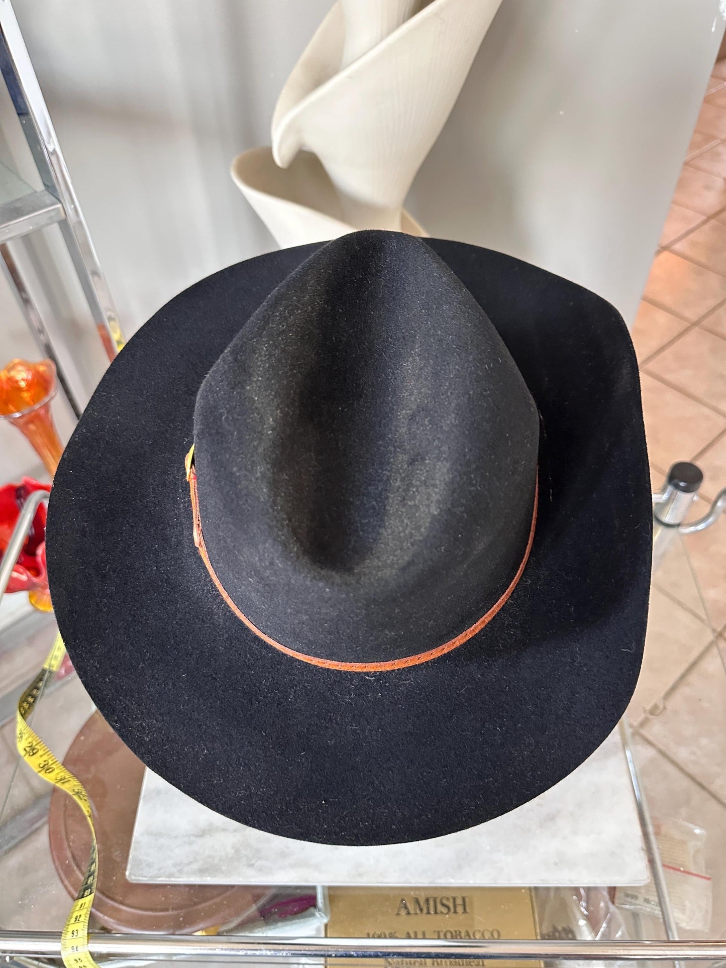 Vintage B.C. Hats Australia Black Fur Felt Outback Fedora, Leather Band