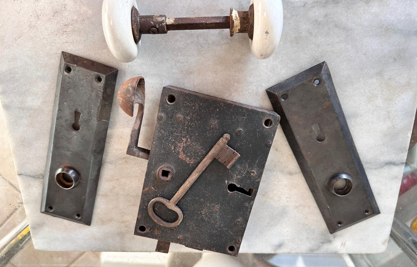 Antique Iron Rim Lock Set with Porcelain Knobs and Skeleton Key
