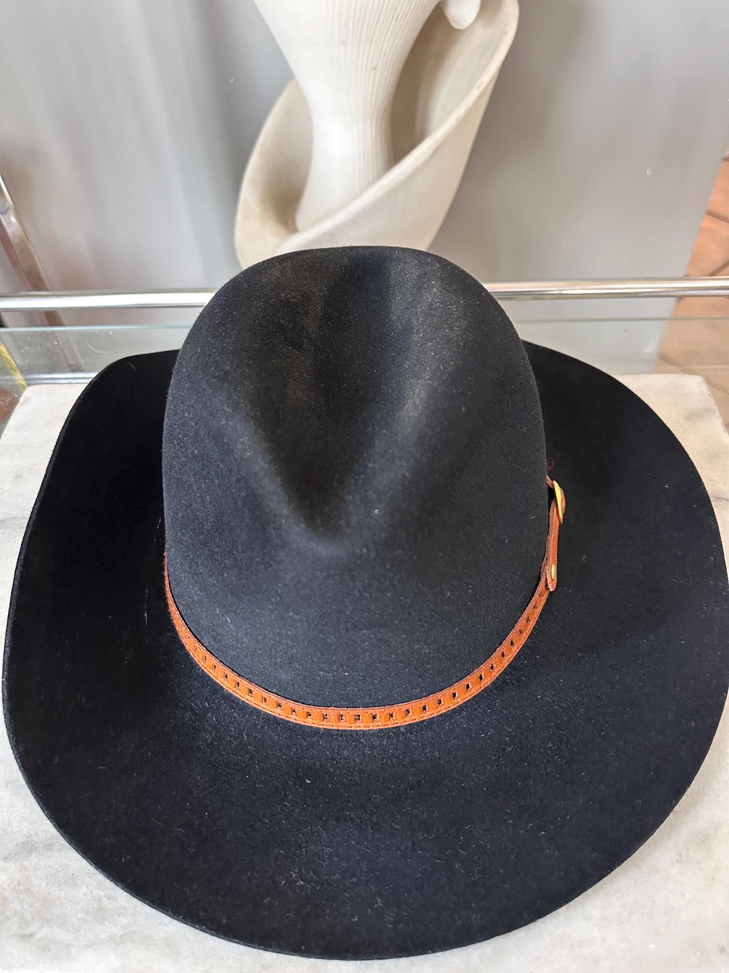 Vintage B.C. Hats Australia Black Fur Felt Outback Fedora, Leather Band