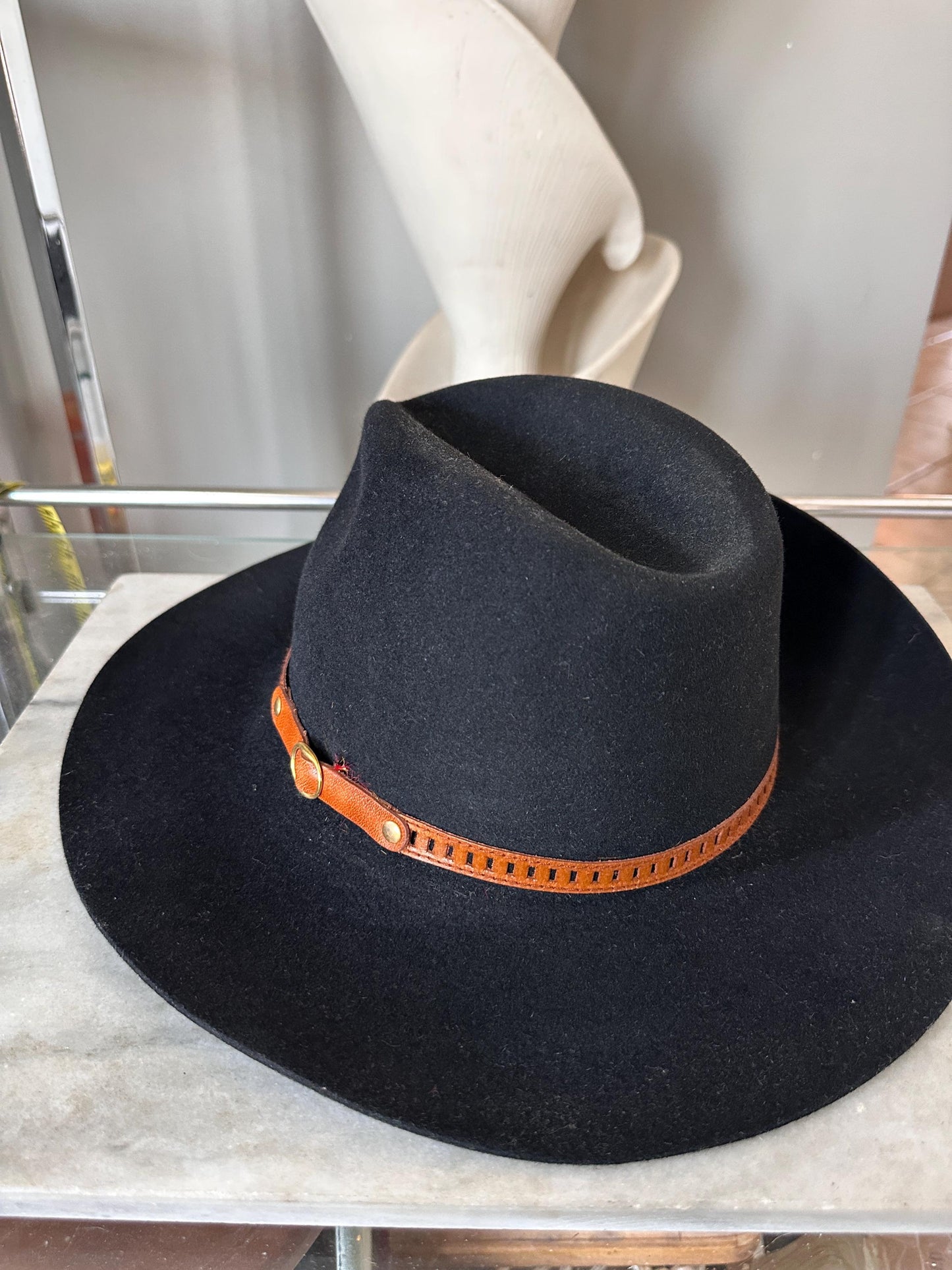 Vintage B.C. Hats Australia Black Fur Felt Outback Fedora, Leather Band