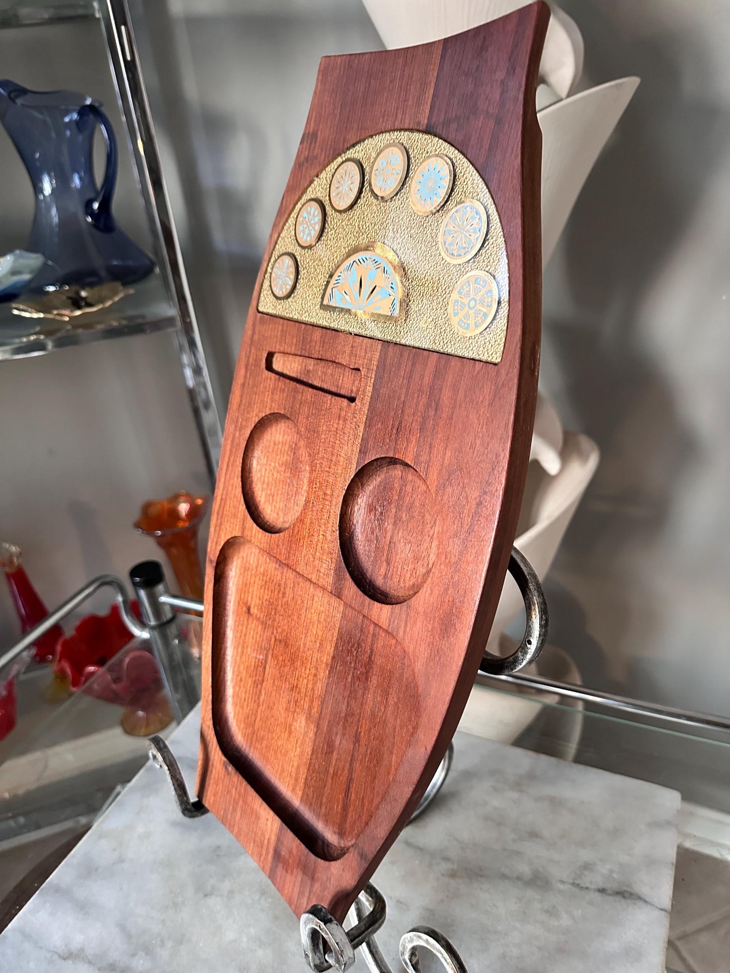 Wyncraft Teak Charcuterie Board with Cheese Knife – Mid-Century Modern Serving Tray