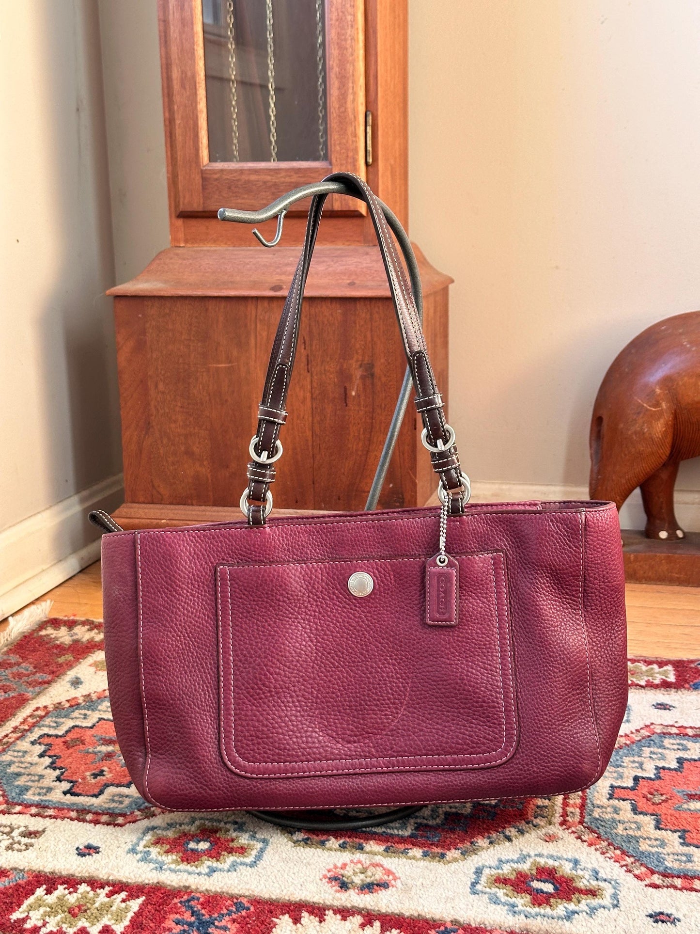 Vintage Chelsea Top Handle Handbag | Burgundy Pebbled Leather Purse | Structured 1980s-1990s Bag