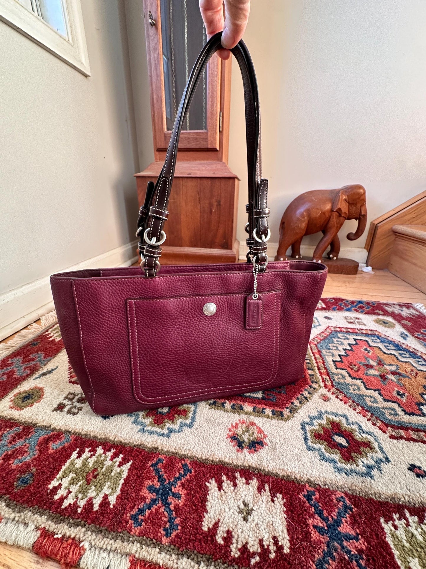 Vintage Chelsea Top Handle Handbag | Burgundy Pebbled Leather Purse | Structured 1980s-1990s Bag