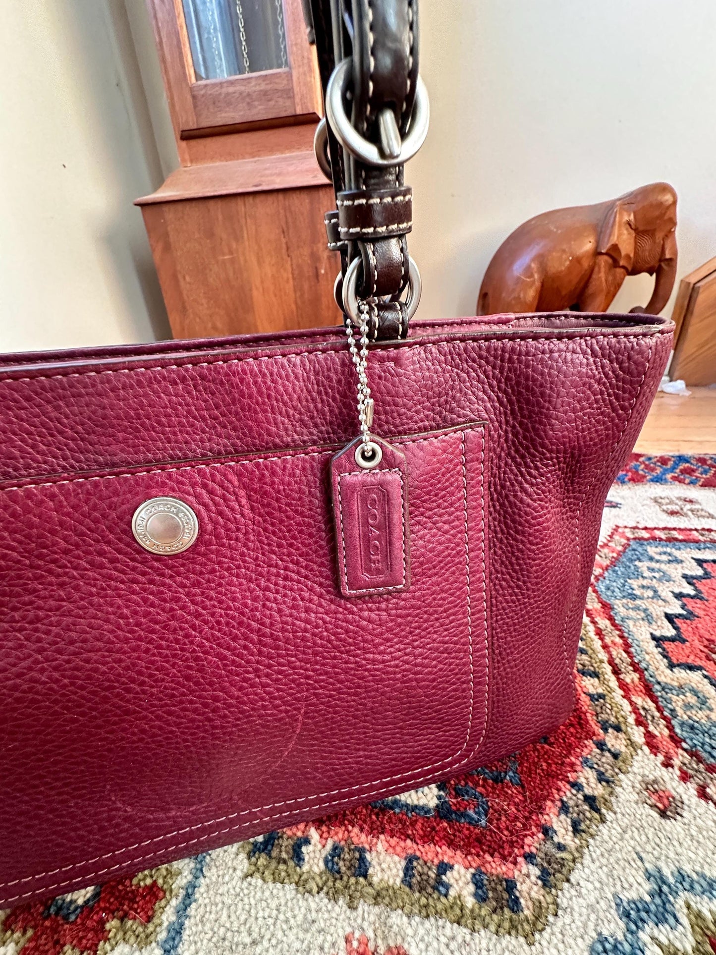 Vintage Chelsea Top Handle Handbag | Burgundy Pebbled Leather Purse | Structured 1980s-1990s Bag