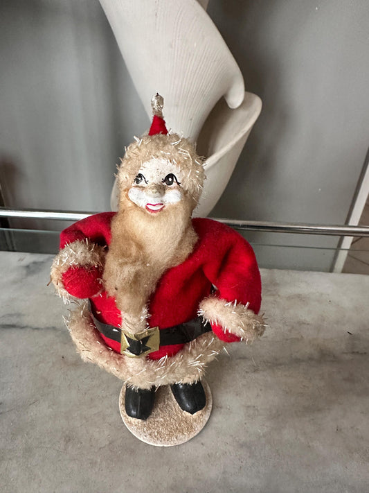 Vintage 1950s Felt Chenille Santa Figurine – Papier-Mâché Face, Mica Glitter, Japan