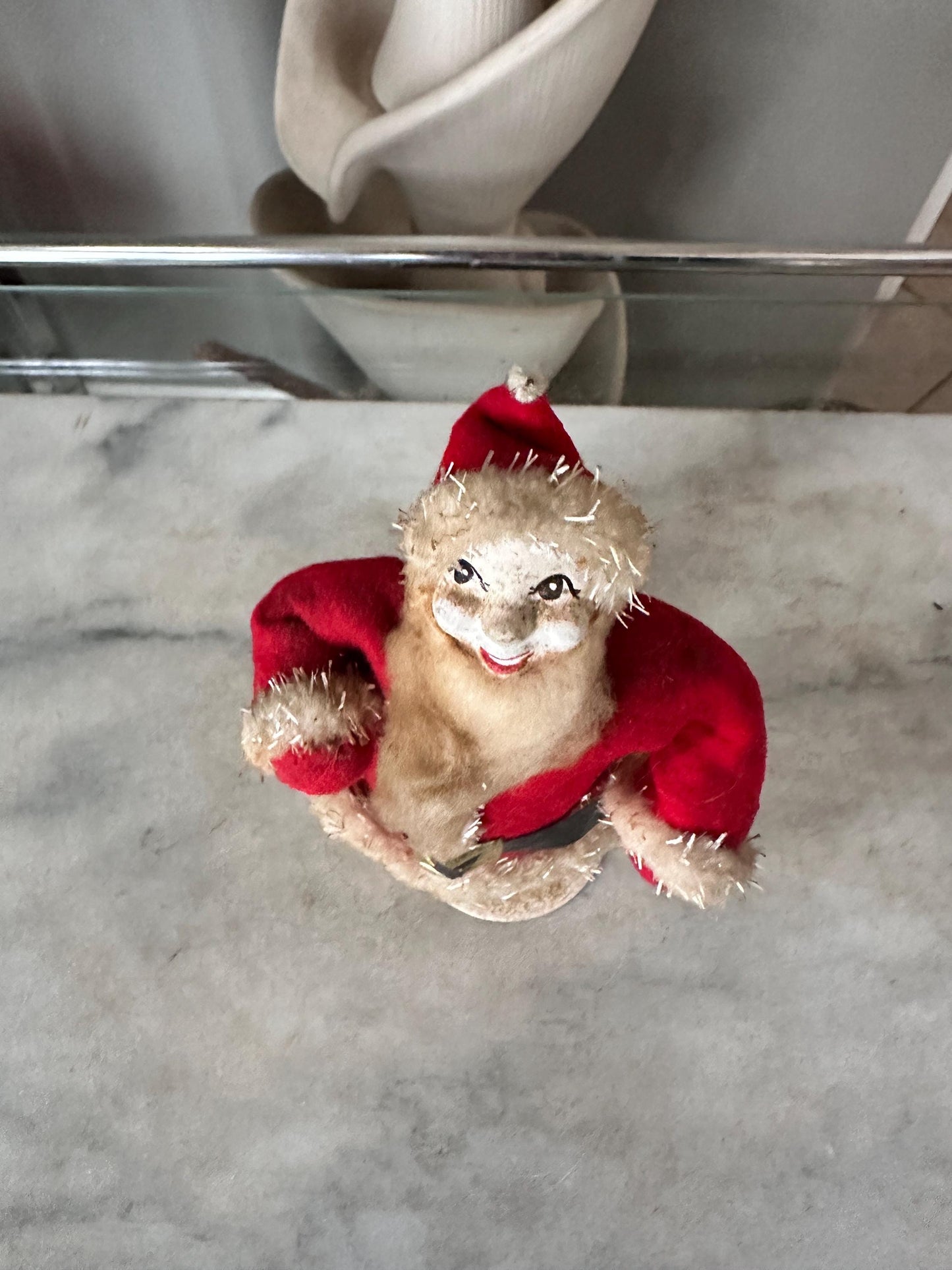 Vintage 1950s Felt Chenille Santa Figurine – Papier-Mâché Face, Mica Glitter, Japan