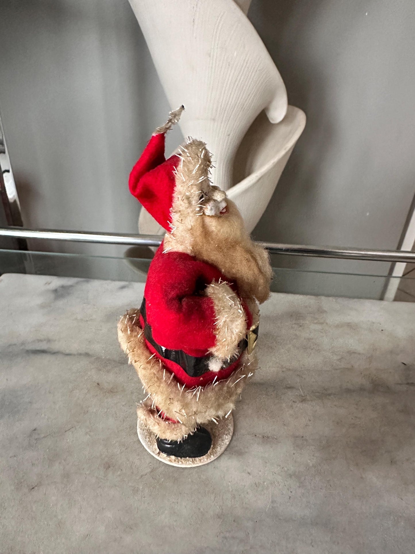 Vintage 1950s Felt Chenille Santa Figurine – Papier-Mâché Face, Mica Glitter, Japan