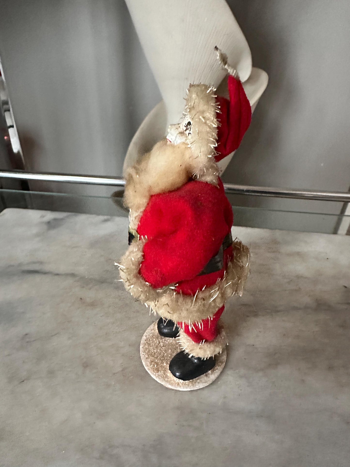 Vintage 1950s Felt Chenille Santa Figurine – Papier-Mâché Face, Mica Glitter, Japan