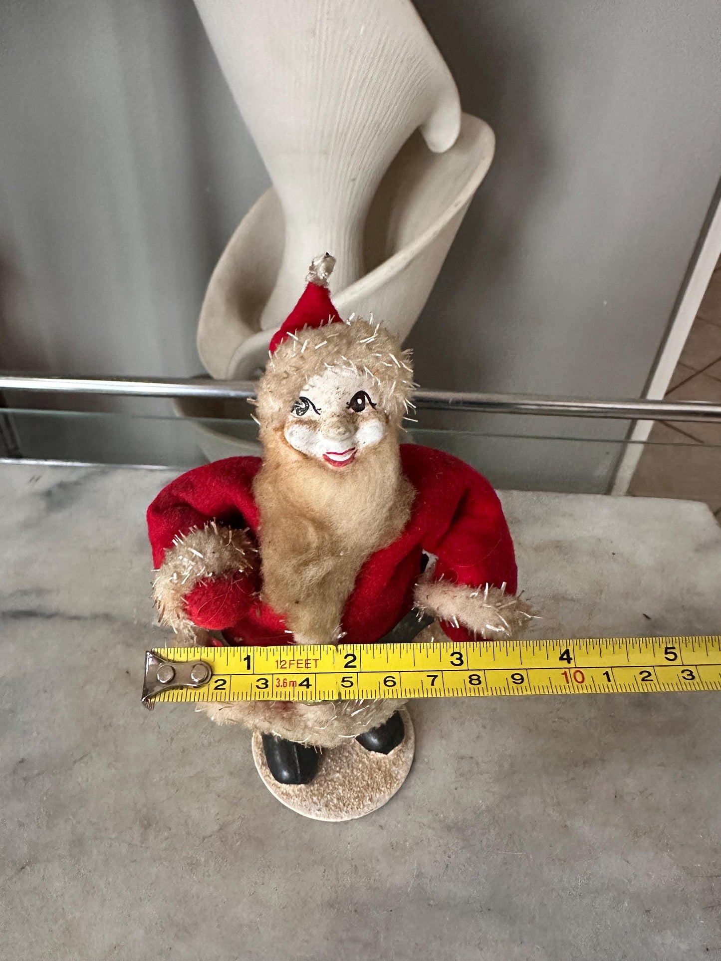 Vintage 1950s Felt Chenille Santa Figurine – Papier-Mâché Face, Mica Glitter, Japan