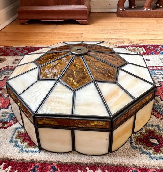 Vintage 1970s Tiffany Style Stained Glass Lamp Shade | Amber & Cream Slag Glass | Geometric Leaded Shade | Replacement Lamp Shade