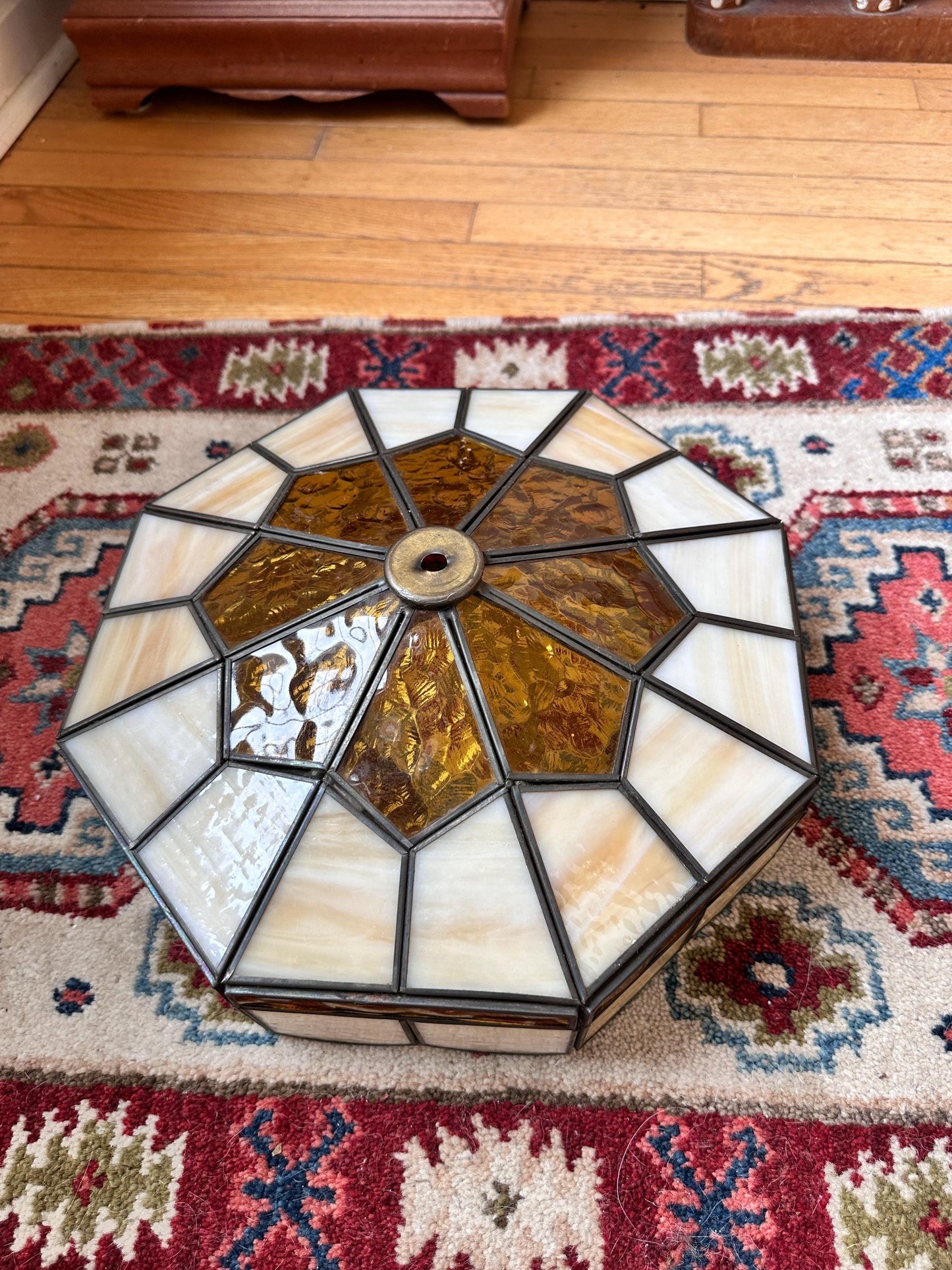 Vintage 1970s Tiffany Style Stained Glass Lamp Shade | Amber & Cream Slag Glass | Geometric Leaded Shade | Replacement Lamp Shade