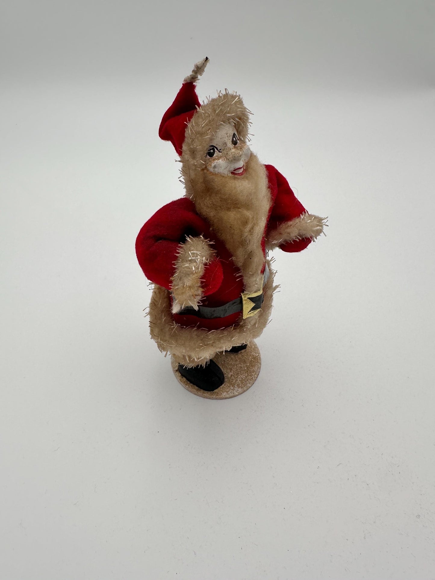 Vintage 1950s Felt Chenille Santa Figurine – Papier-Mâché Face, Mica Glitter, Japan