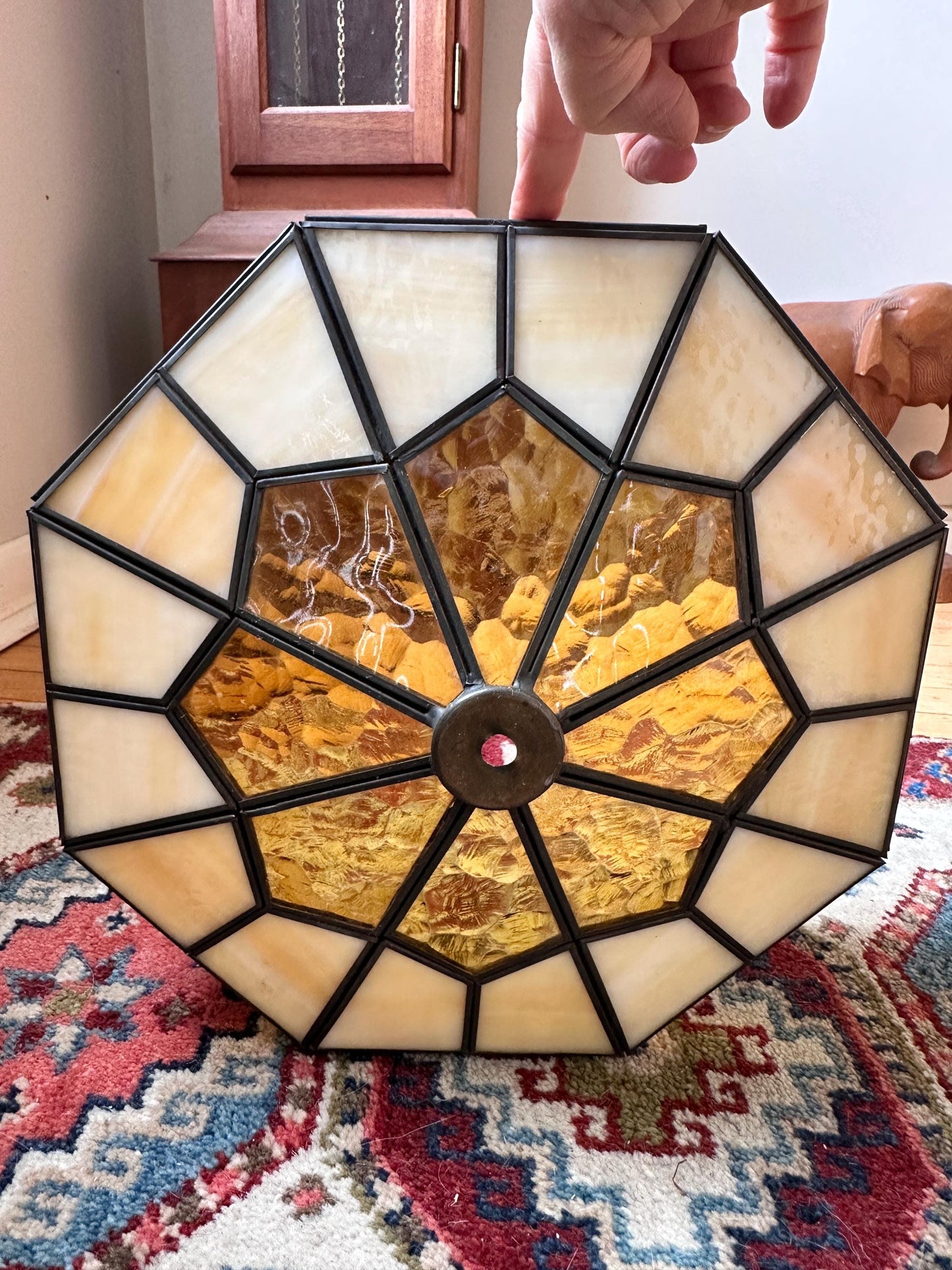 Vintage 1970s Tiffany Style Stained Glass Lamp Shade | Amber & Cream Slag Glass | Geometric Leaded Shade | Replacement Lamp Shade