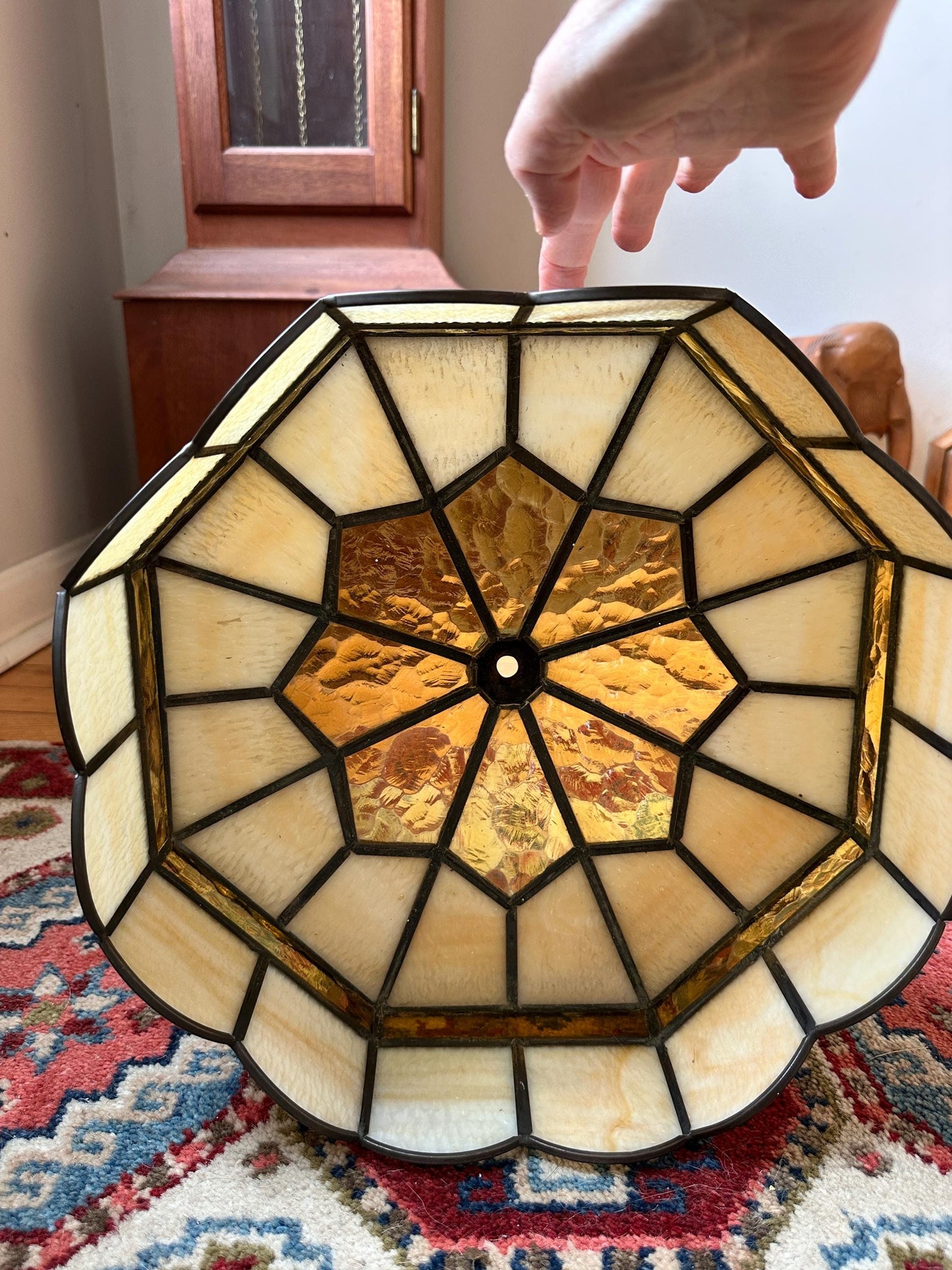 Vintage 1970s Tiffany Style Stained Glass Lamp Shade | Amber & Cream Slag Glass | Geometric Leaded Shade | Replacement Lamp Shade