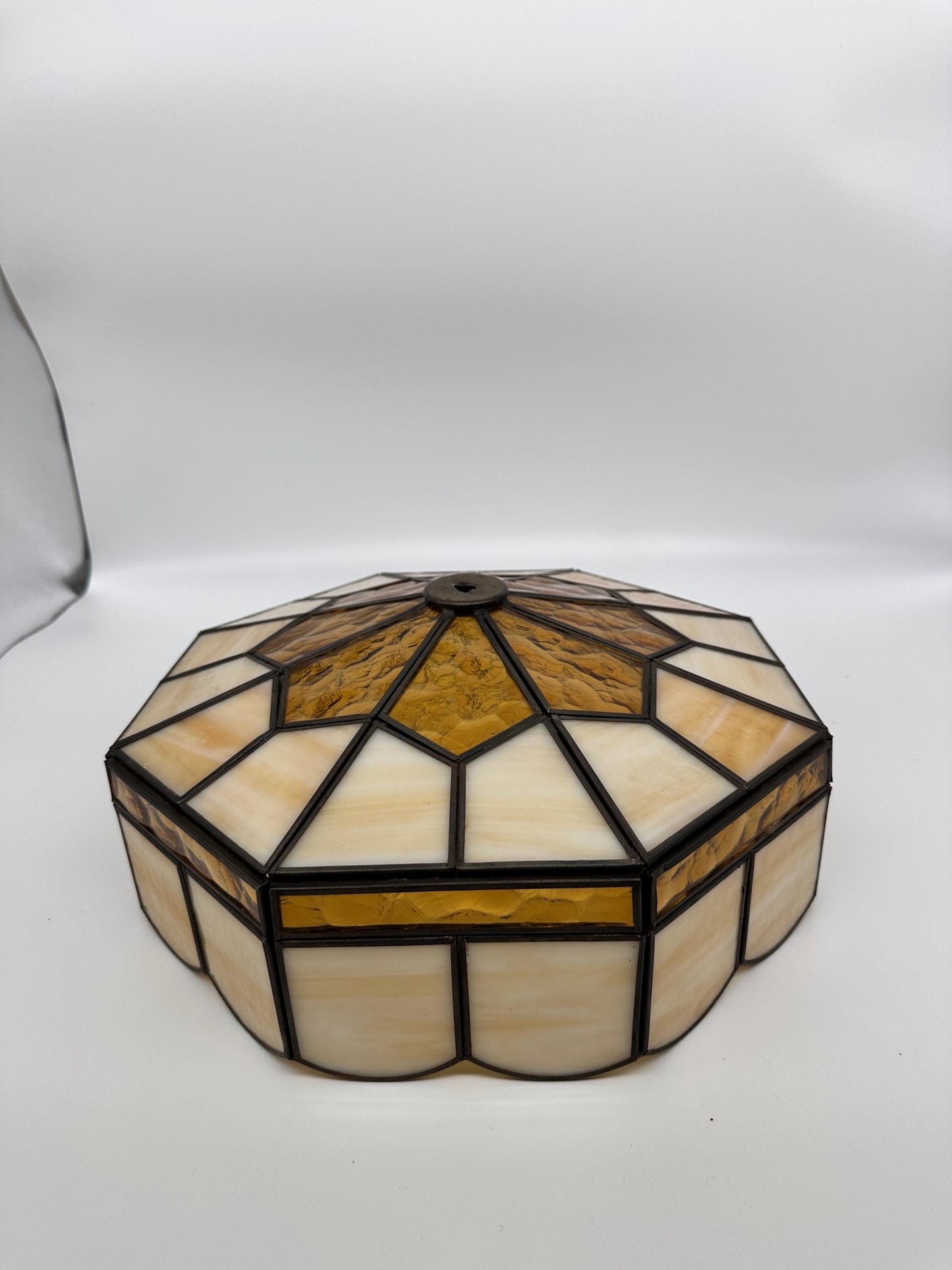 Vintage 1970s Tiffany Style Stained Glass Lamp Shade | Amber & Cream Slag Glass | Geometric Leaded Shade | Replacement Lamp Shade