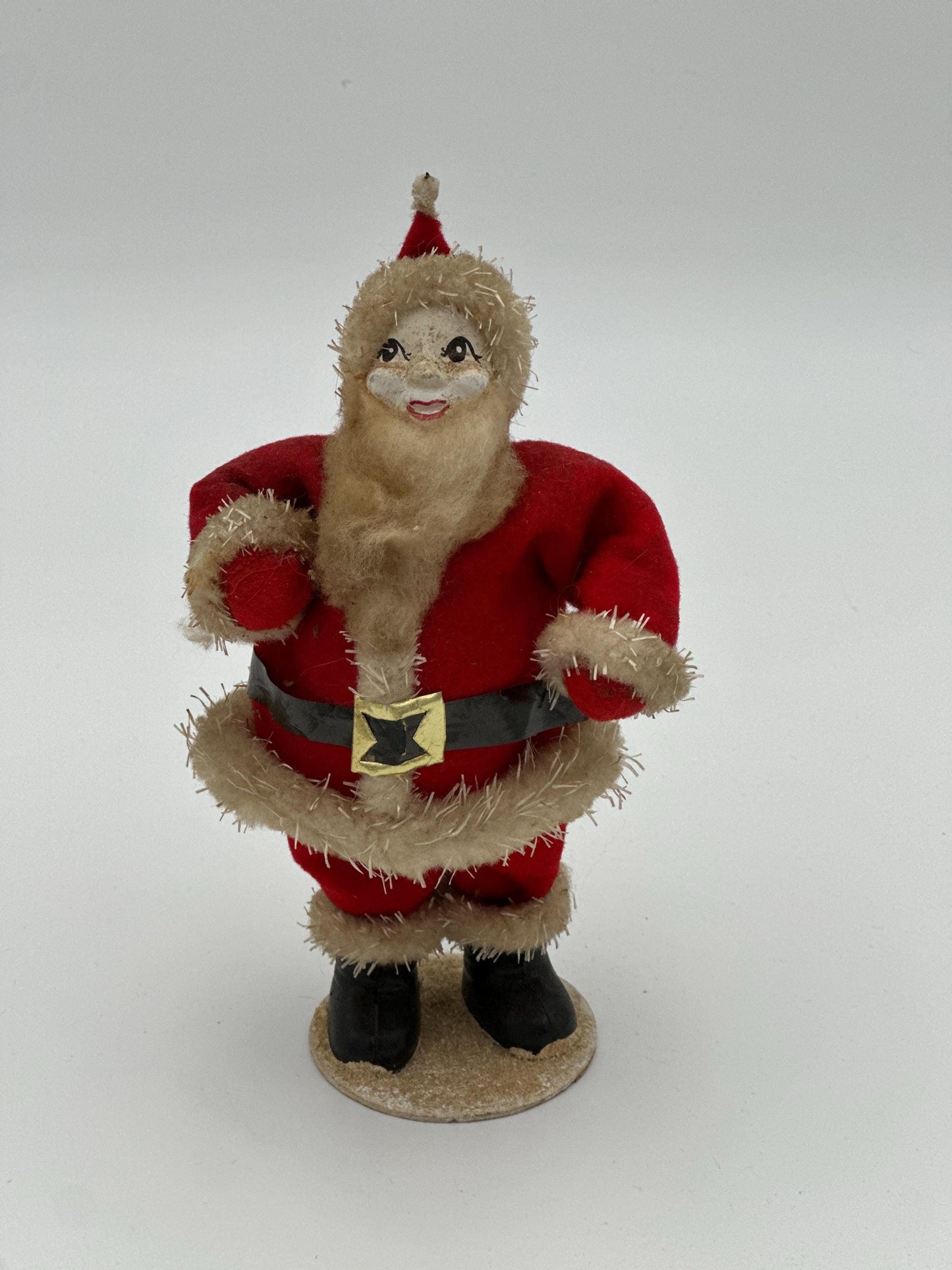 Vintage 1950s Felt Chenille Santa Figurine – Papier-Mâché Face, Mica Glitter, Japan