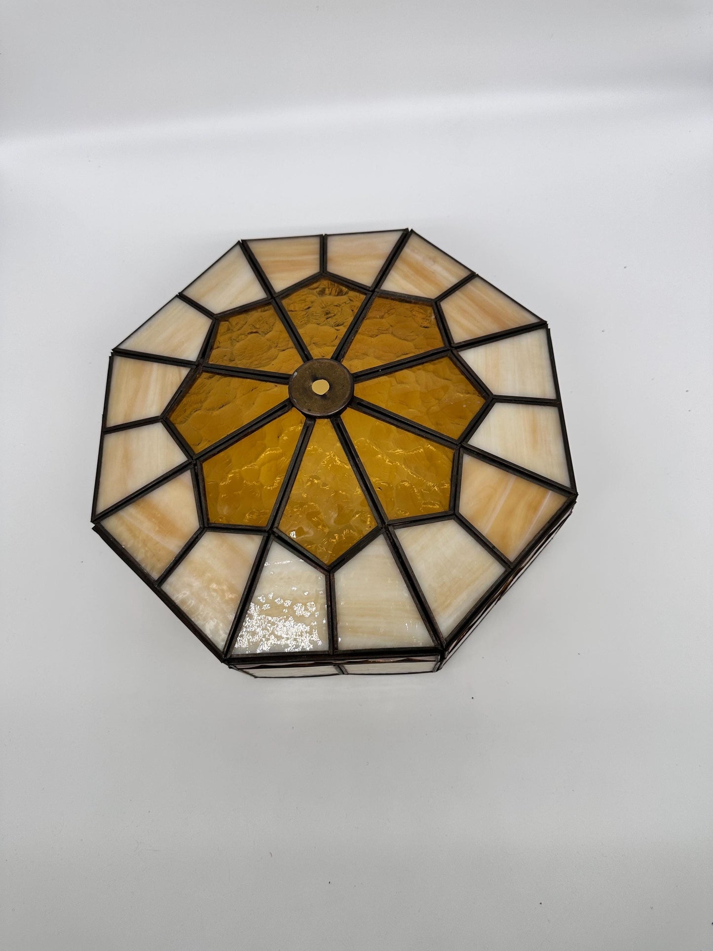 Vintage 1970s Tiffany Style Stained Glass Lamp Shade | Amber & Cream Slag Glass | Geometric Leaded Shade | Replacement Lamp Shade