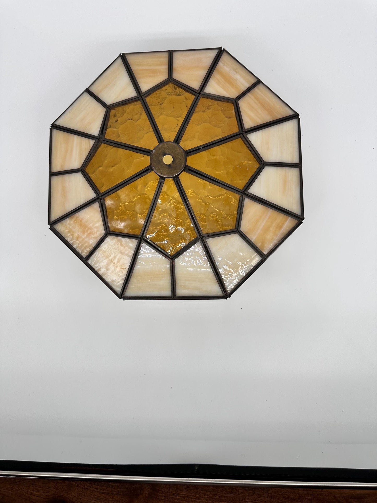 Vintage 1970s Tiffany Style Stained Glass Lamp Shade | Amber & Cream Slag Glass | Geometric Leaded Shade | Replacement Lamp Shade