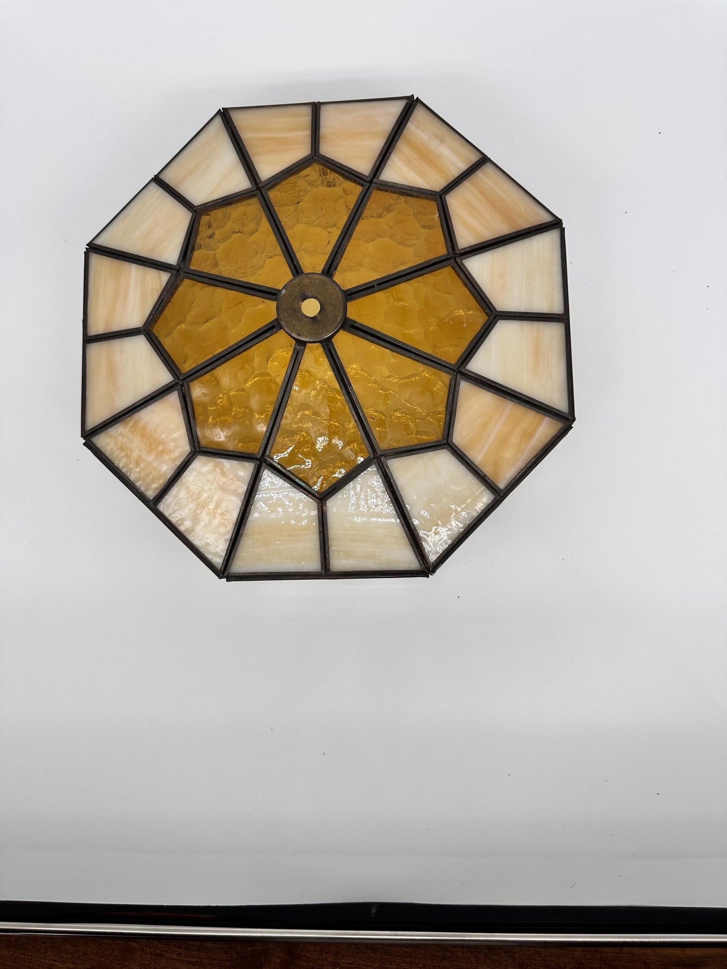 Vintage 1970s Tiffany Style Stained Glass Lamp Shade | Amber & Cream Slag Glass | Geometric Leaded Shade | Replacement Lamp Shade