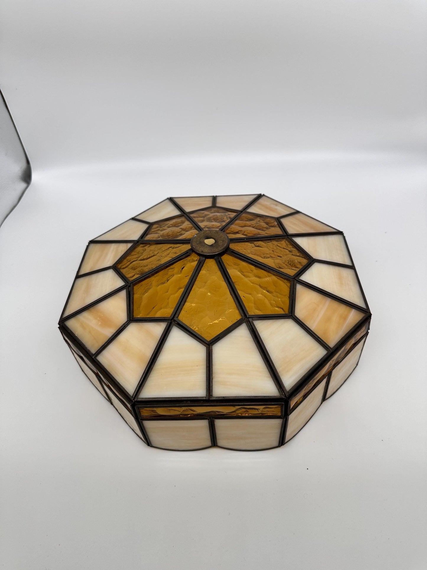 Vintage 1970s Tiffany Style Stained Glass Lamp Shade | Amber & Cream Slag Glass | Geometric Leaded Shade | Replacement Lamp Shade