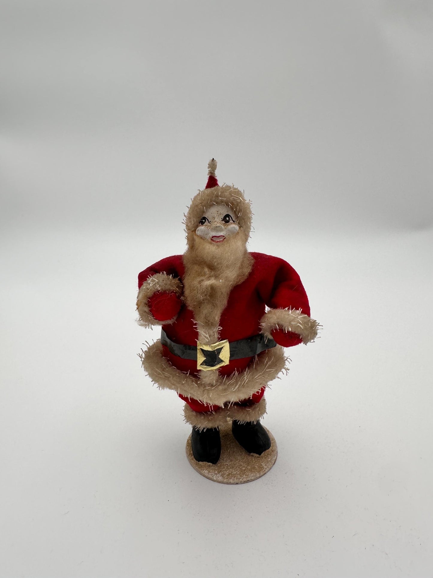 Vintage 1950s Felt Chenille Santa Figurine – Papier-Mâché Face, Mica Glitter, Japan