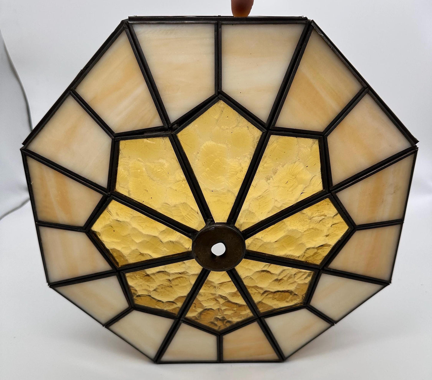 Vintage 1970s Tiffany Style Stained Glass Lamp Shade | Amber & Cream Slag Glass | Geometric Leaded Shade | Replacement Lamp Shade