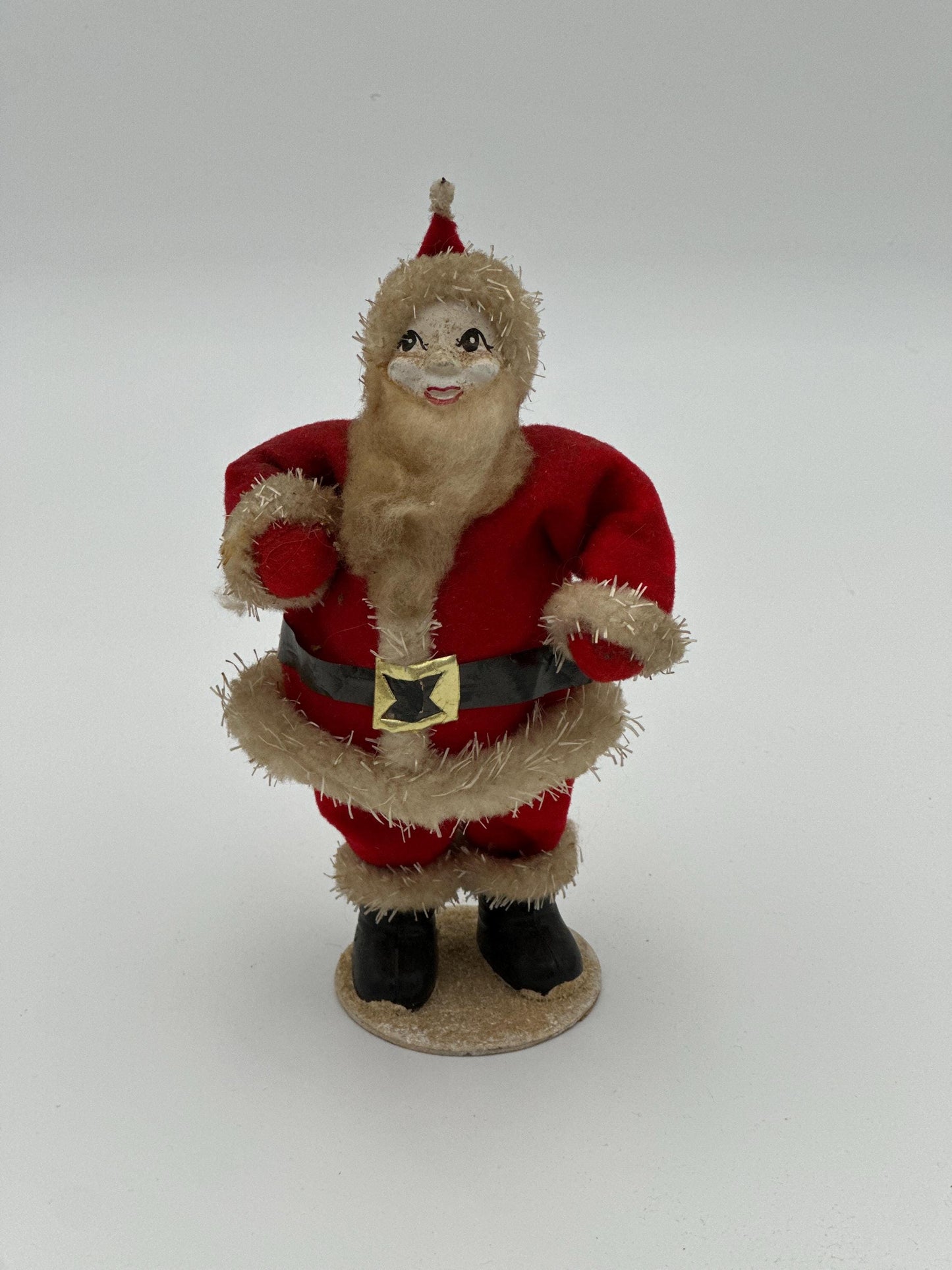 Vintage 1950s Felt Chenille Santa Figurine – Papier-Mâché Face, Mica Glitter, Japan