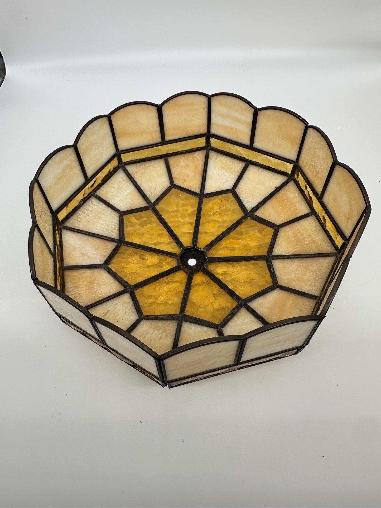 Vintage 1970s Tiffany Style Stained Glass Lamp Shade | Amber & Cream Slag Glass | Geometric Leaded Shade | Replacement Lamp Shade