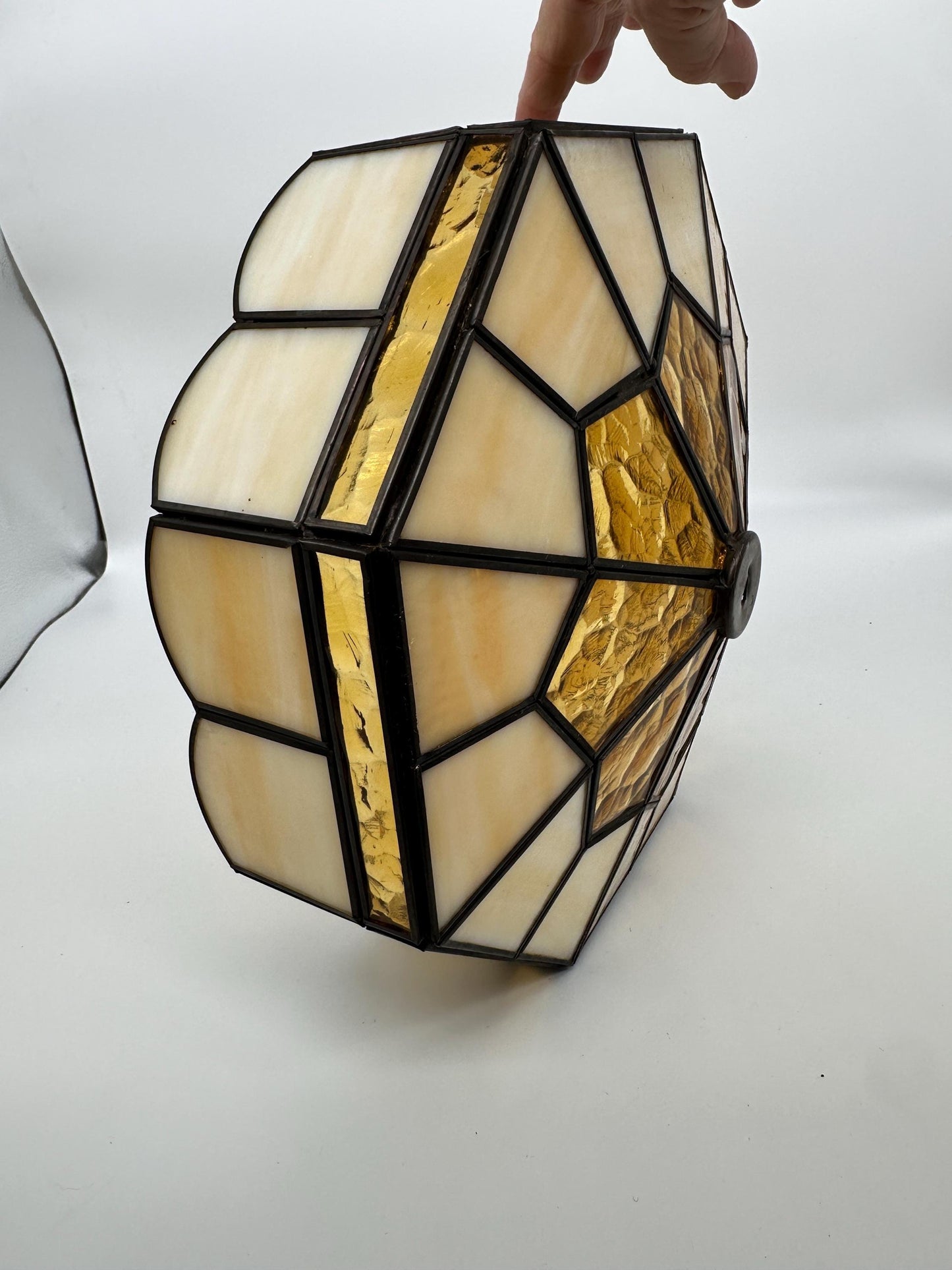Vintage 1970s Tiffany Style Stained Glass Lamp Shade | Amber & Cream Slag Glass | Geometric Leaded Shade | Replacement Lamp Shade