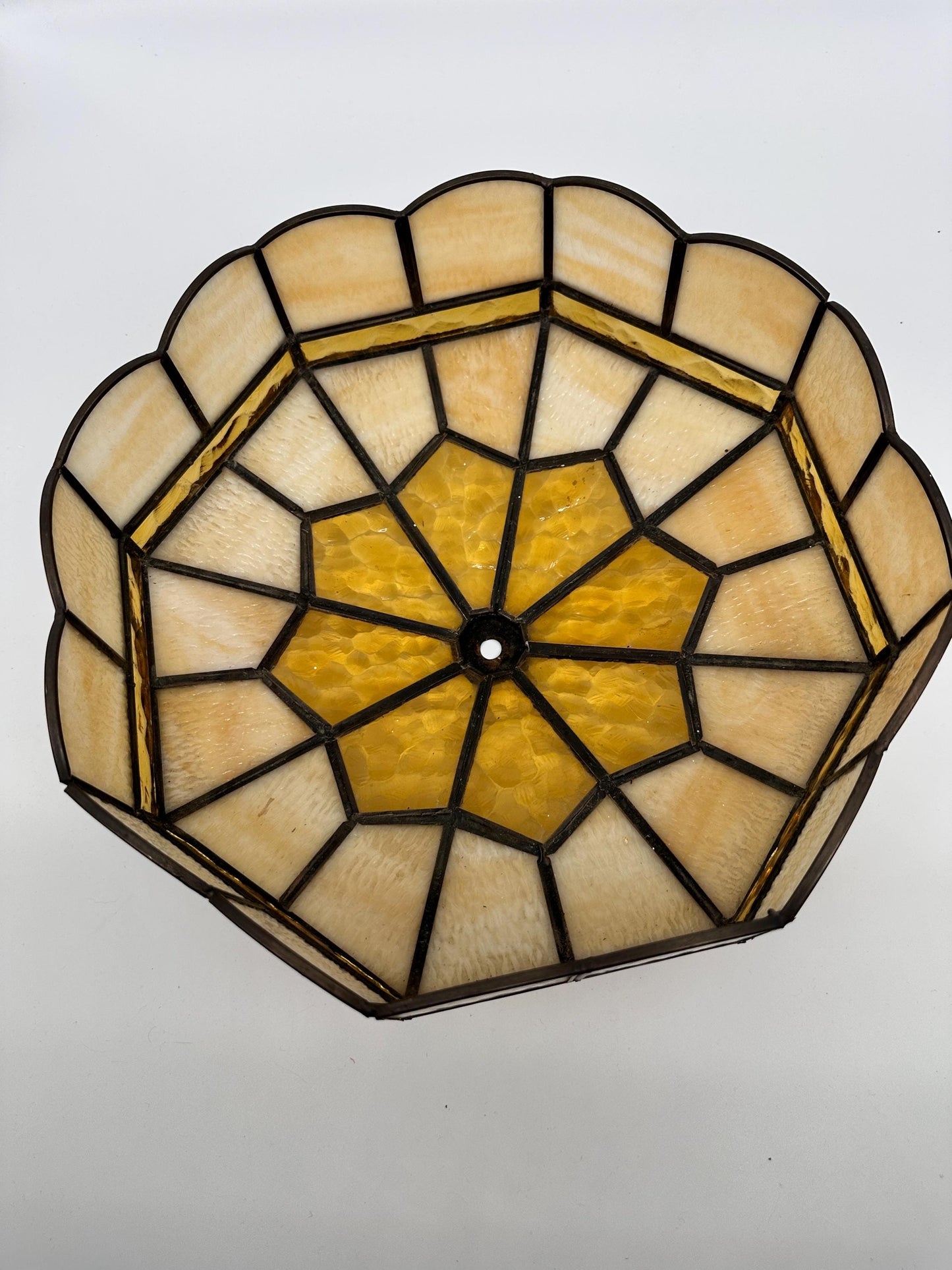 Vintage 1970s Tiffany Style Stained Glass Lamp Shade | Amber & Cream Slag Glass | Geometric Leaded Shade | Replacement Lamp Shade