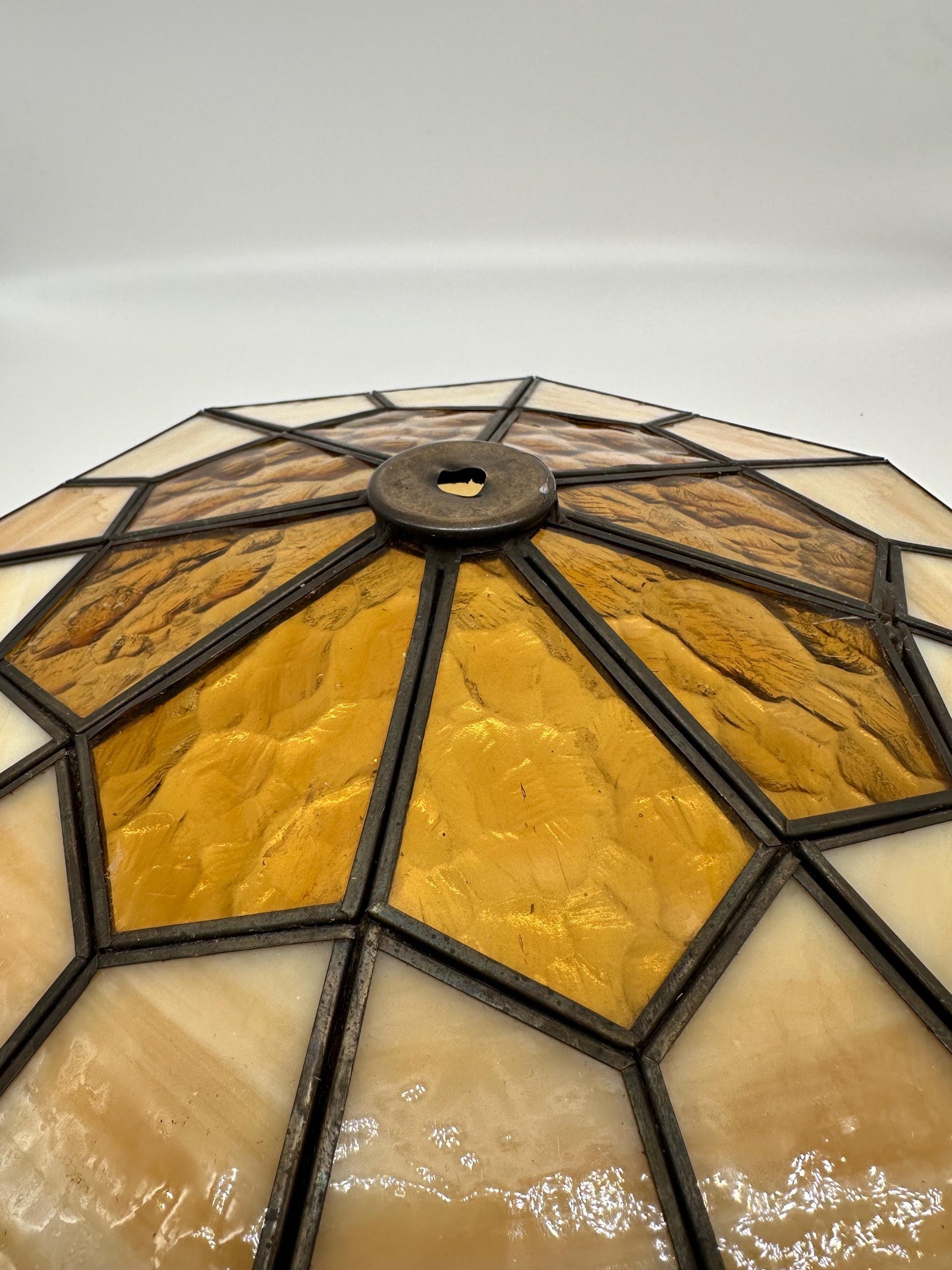 Vintage 1970s Tiffany Style Stained Glass Lamp Shade | Amber & Cream Slag Glass | Geometric Leaded Shade | Replacement Lamp Shade
