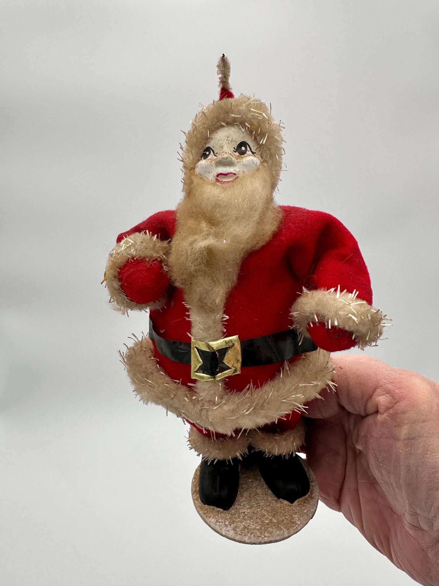 Vintage 1950s Felt Chenille Santa Figurine – Papier-Mâché Face, Mica Glitter, Japan