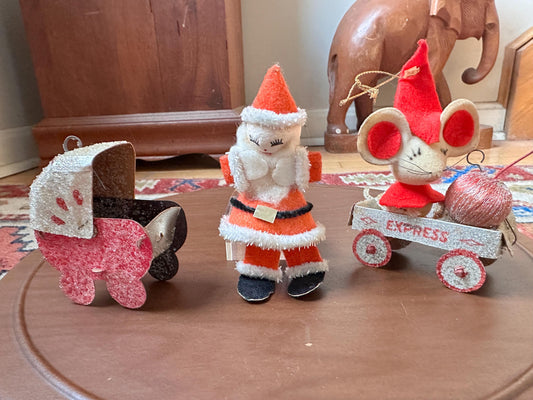Vintage Kitschy Christmas Ornaments – Mid-Century Japan Santa, Mouse, Wagon, Carriage