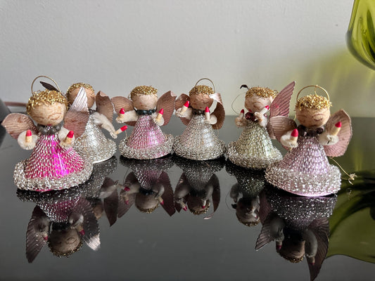 Vintage Angel Christmas Ornaments: Metallic Mesh, Spun Cotton, Foil Wings - Set of 6