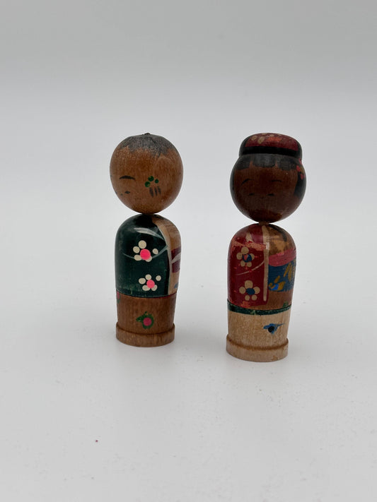 Vintage Wood Kokeshi Couple W/child Nodder Heads Hand Painted Stash Boxes Japan