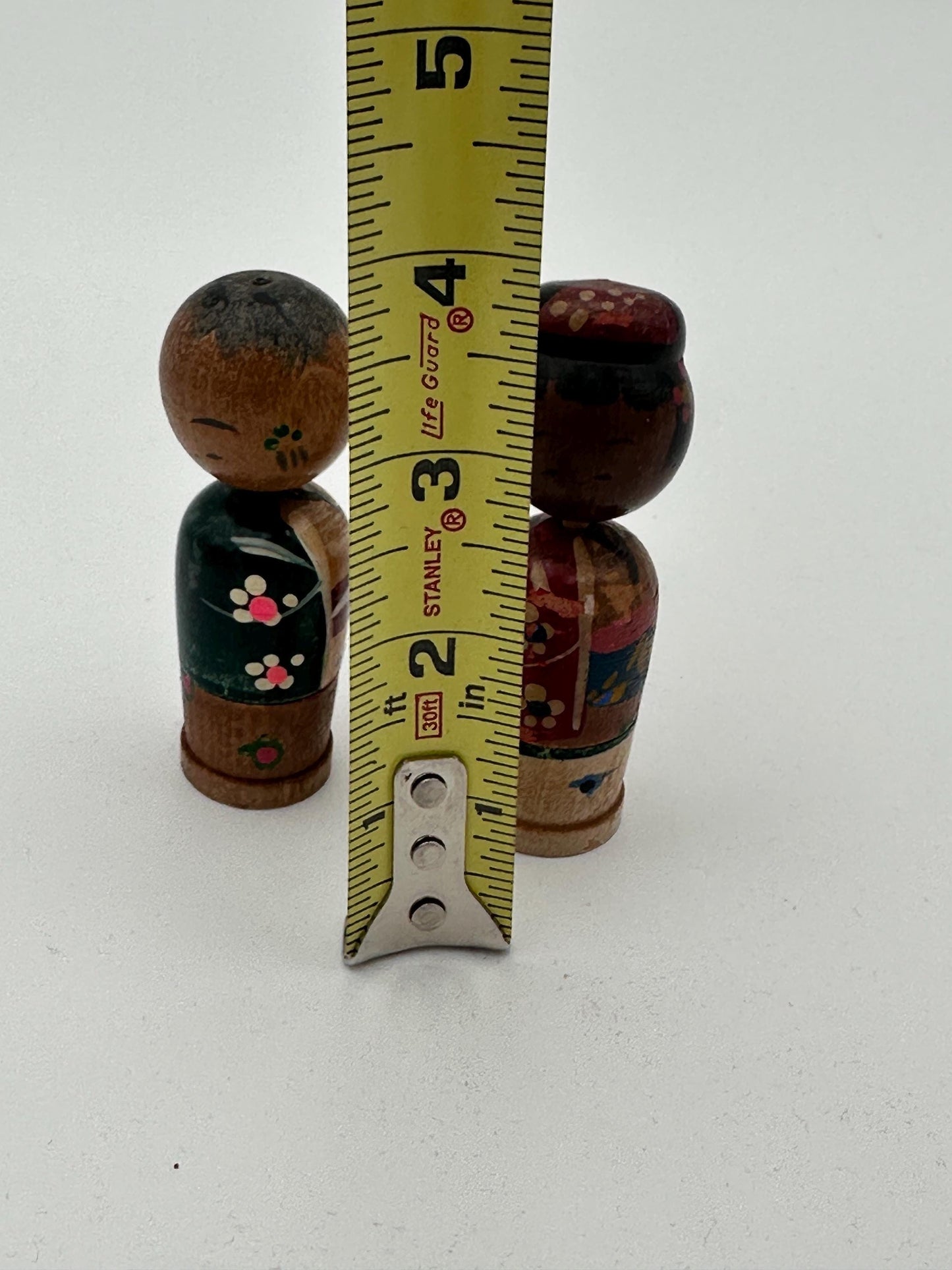 Vintage Wood Kokeshi Couple W/child Nodder Heads Hand Painted Stash Boxes Japan
