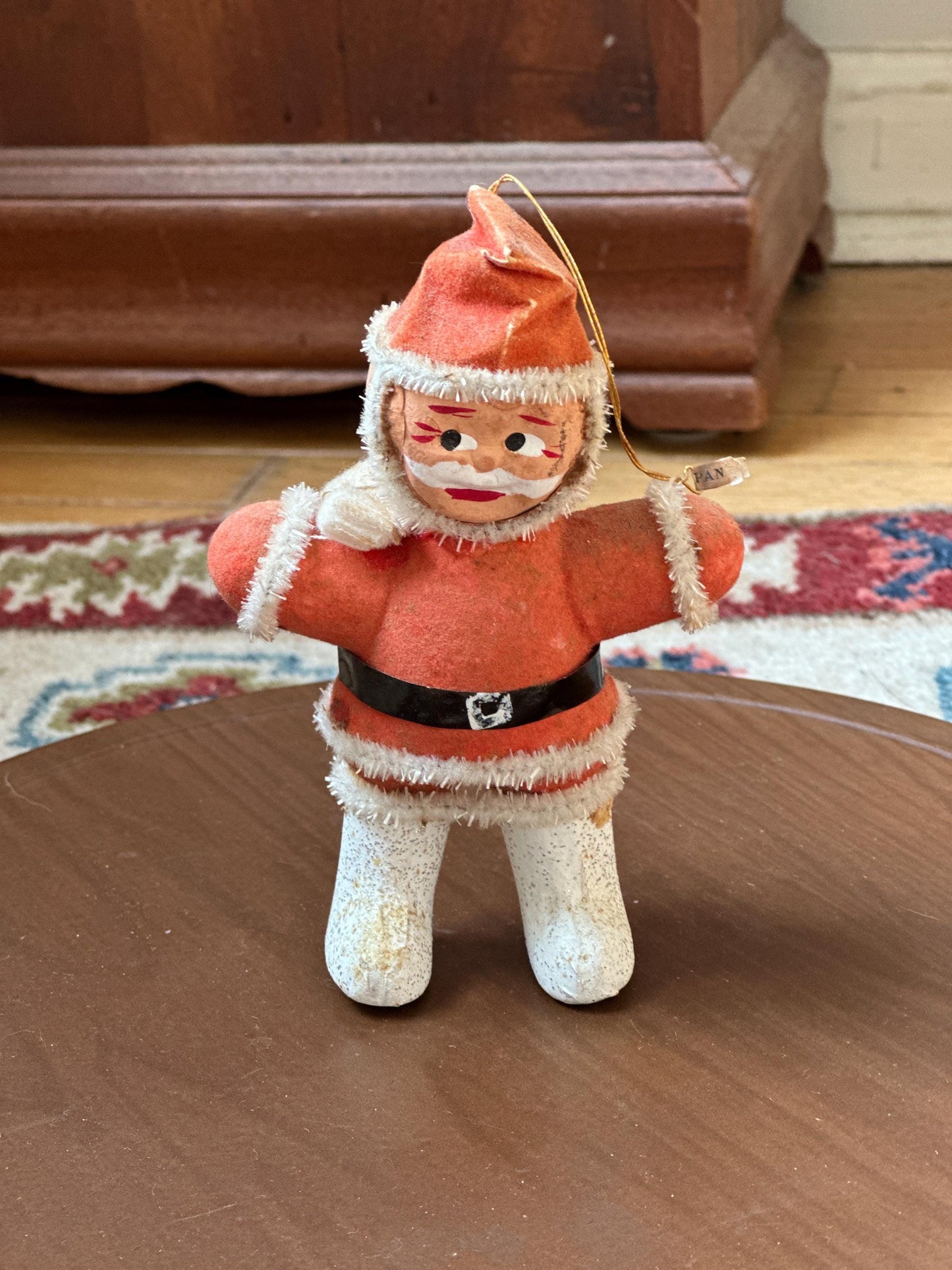 1950s Flocked Santa Ornament, Papier-Mâché Face, Mica Glitter Boots