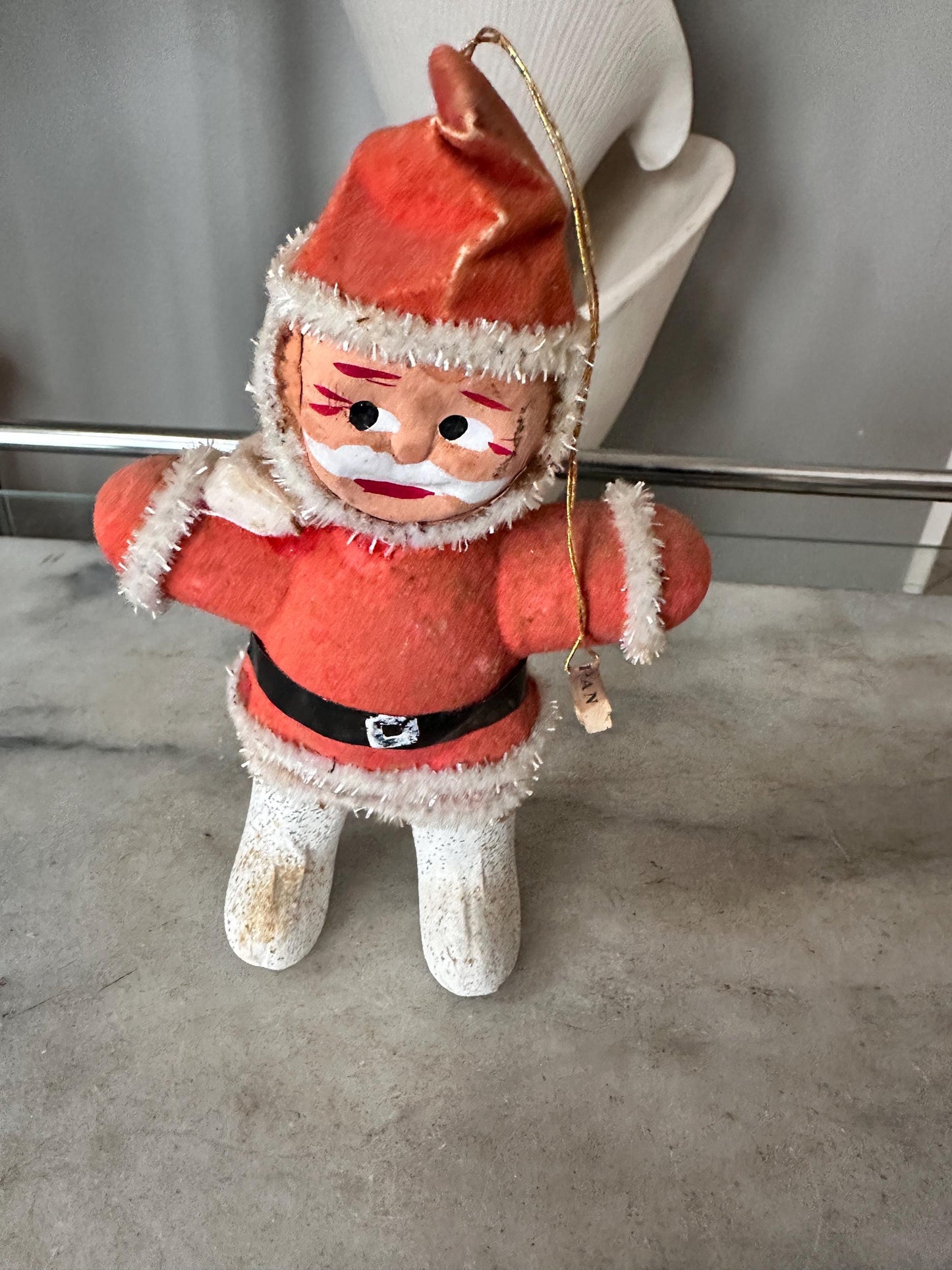 1950s Flocked Santa Ornament, Papier-Mâché Face, Mica Glitter Boots